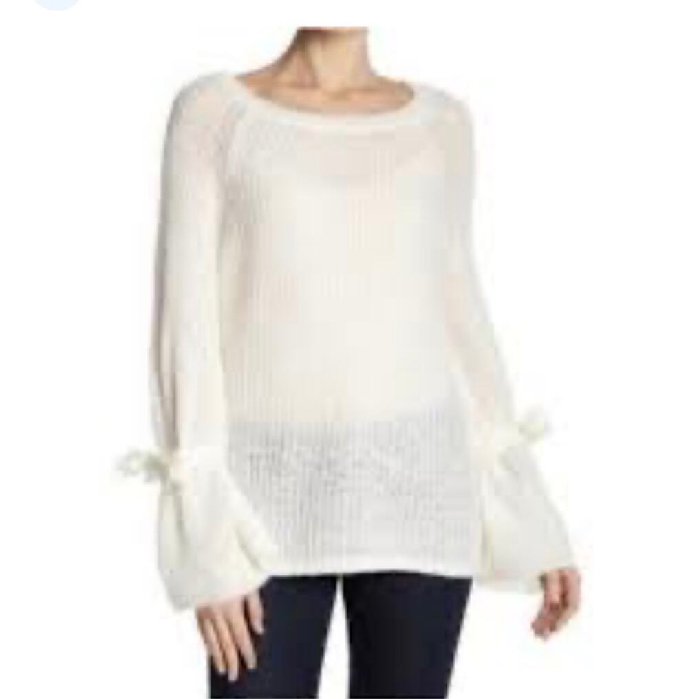 Project Naadam white knit sweater with ribbed texture and tie details, size XS